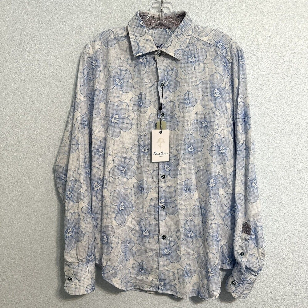 Robert Graham Blakely Linen Cotton Floral Button Classic Fit Shirt Men's Size S